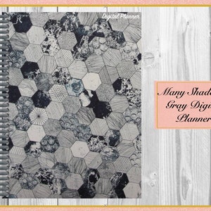 Peut inclure: Un planificateur numérique avec une couverture à motif géométrique gris et blanc. La couverture indique "Digital Planner" et "Many Shades of Gray Digital Planner".