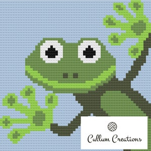 May include: A green frog with big white eyes and a wide smile is holding onto a branch with its webbed feet. The frog is on a light blue background.