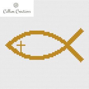 May include: A gold-colored fish symbol with a cross inside, on a white background.
