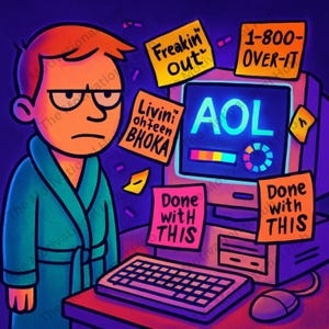 AOLバーンアウト漫画PNG – ミレニアル世代のストレス解消、大人のユーモアのための、90年代インターネットノスタルジアを面白おかしく表現したアート – デジタルダウンロード