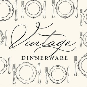 May include: A black and white line art illustration featuring the text Vintage DINNERWARE surrounded by various plates, forks, and knives arranged in a pattern. The plates display different edge designs, including scalloped and floral motifs.