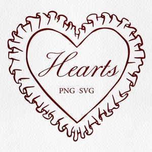 May include: A maroon heart-shaped design with a frilled border and the word "Hearts" in elegant script. Below the word "Hearts" are the letters "PNG SVG". The design is on a textured white background.