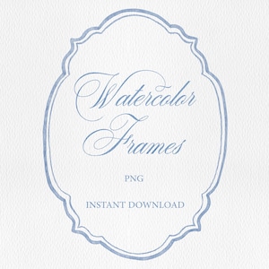 Puede incluir: Un marco de acuarela azul claro con un borde festoneado decorativo. El marco contiene las palabras "Watercolor Frames" en escritura elegante, con "PNG" e "INSTANT DOWNLOAD" debajo.