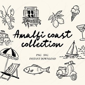 Könnte beinhalten: Ein digitales Illustrationsset mit dem Titel Amalfi coast collection, das schwarze Strichzeichnungen eines Hummers, eines Balkons, von Zitronen, einer Eistüte, eines Cocktails, einer Küstenstadt, eines Segelboots, eines Sonnenschirms, eines Liegestuhls, eines Fischs und eines Rollers zeigt.