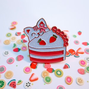 Strawberry Cake Cat Enamel Pin with Glitter, glitter pins, soft enamel pins, cake pins, strawberry pins, gift ideas under 10,cute affordable