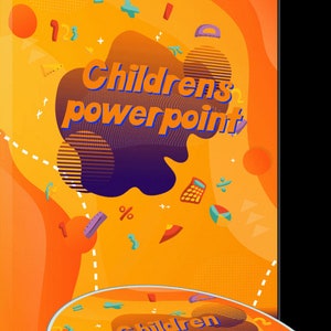 May include: A yellow and orange CD case with a colorful design featuring a purple and black blob with the text "Children's PowerPoint" in blue and white. The CD case is open and a CD with the same design is visible.