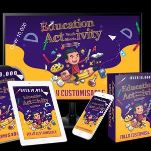 May include: An educational product display featuring a computer monitor, tablet, smartphone, book, box, and CD. The products display the text "Education Activity" with the words "Over 10,000" and "Fully Customisable". The background is black.