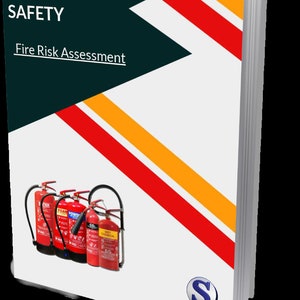 Puede incluir: Un libro titulado "Importancia de la seguridad contra incendios" con el subtítulo "Evaluación de riesgos de incendio". La portada presenta rayas rojas y amarillas y una fila de cuatro extintores rojos con diferentes etiquetas.