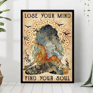 Lose Your Mind Find Your Soul Poster, Yoga Poses Poster, Hippie Girl Art, Hippie Room Decor, Vintage Hippie Girl Art, Home Deco, Yoga Lover