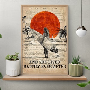 And She Lived Happily Ever After Vintage Poster, Surfing Girl Art Print, Surfer Gift, Surfing Wall Art, Surfing Poster, Outdoor Adventure