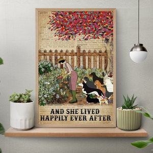 And She Lived Happily After Ever Poster, Girl With Dogs Poster, Gardening Girl Vintage Art, Garden Decor, Garden Lover Gift, Dog Lover Gift