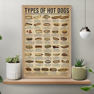 Póster vintage de tipos de perritos calientes, póster vintage de perritos calientes, regalos para amantes de la cocina, idea de regalo de perritos calientes, decoración de pared de cocina, póster de conocimientos sobre la comida