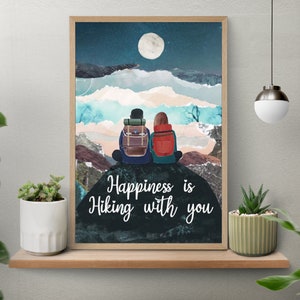 Happiness Is Hiking With You Vintage Poster, Couple Hiking Print, Gift For Couple Hiker, Couple Hiking Wall Art, Outdoor Adventure Art Print