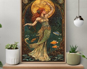 Miroir à Main Décoratif Sirène Art Nouveau - Bronze Patine, Résine, 27x14.5 Cm, Neuf