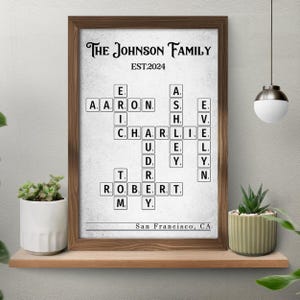 Custom Unframed Crossword Family Name Poster, Custom Family Name Letter Tile Art, Grandkid Crossword Scrabble Art Print, Anniversary Gift