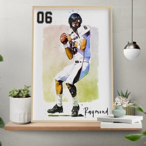 Póster de jugador de fútbol americano personalizado sin marco, arte mural deportivo con bocetos, póster de temporada para el día del partido, retrato personalizado para regalo de último año.
