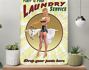 Unframed Retro Laundry Today Poster, 1900's Housewife Coping with Laundry Wall Art, Bathroom Wall Decor, Folk Art Painting,Cottagecore Decor