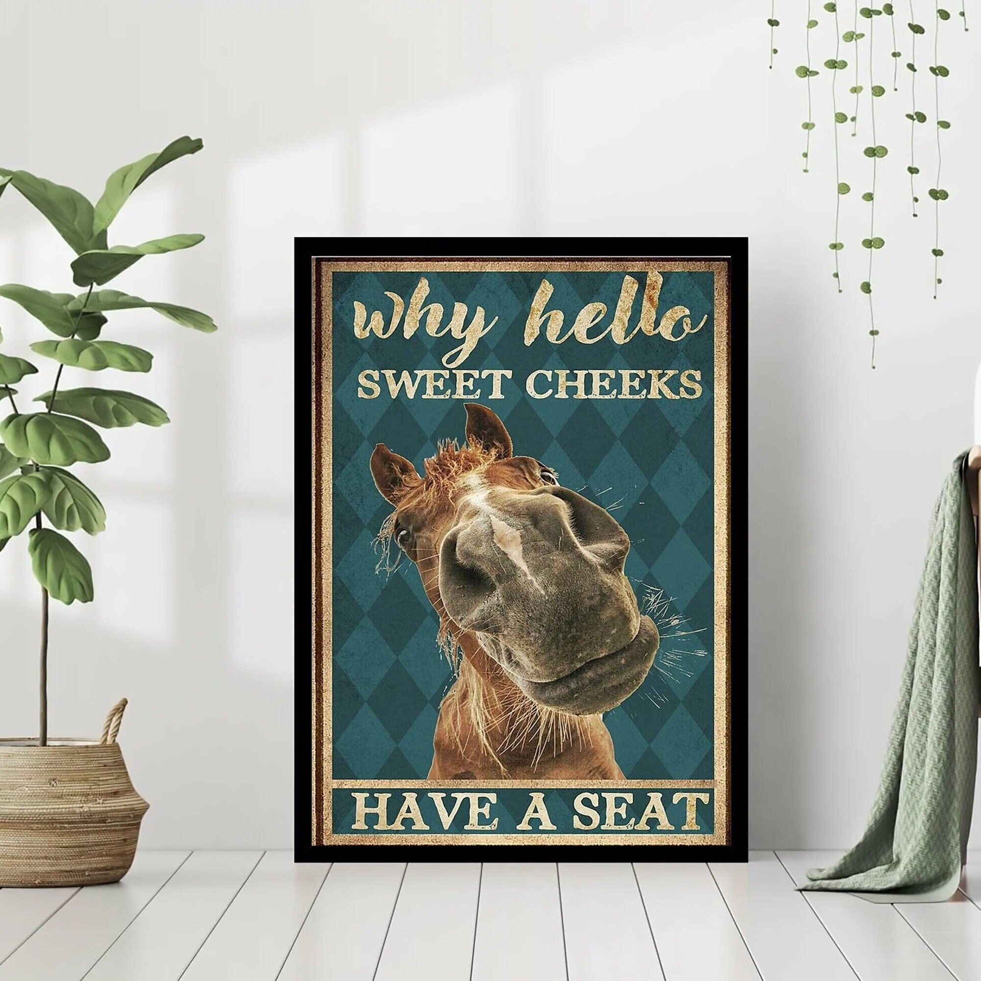 Why Hello Sweet Cheeks Have A Seat Vintage Poster, Horse Wall Art, Horse Art Print, Funny Horse Print, Bathroom Wall Deco, Bathroom Sign