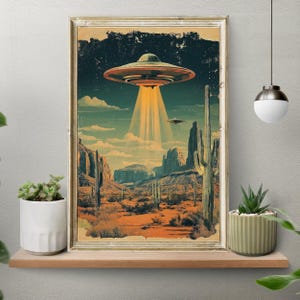 Unframed 70&#39;s Western Cowboy Desert Ufo Poster, Alien Abduction Poster, UFO Poster, Trippy Spaceship Wall Art, Desert Decor