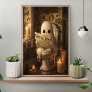 Unframed Ghost On A Toilet Reading Poster, Funny Ghost Bathroom Wall Art, Halloween Ghost Print, Whimsigoth Print, Dark Gothic Decor