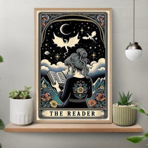 Der Leser Tarot Poster, Mädchen Leser Tarot Karte Kunstdruck, Witchy Leseecke Art, Buch-Liebhaber-Geschenk, Halloween, Bücherwurm Witchy Bibliothek