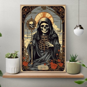 Unframed The Reader Ghost Tarot Card Poster, Skeleton Reader Tarot Wall Art, Witchy Reading Nook Art, Bookish Witchy Library Decor, Book