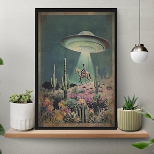 Unframed UFO Cowboy Cactus Desert Poster, Western Alien Wall Art, Sci-Fi Desert Landscape Print, Modern Western Art, Spaceship Decor