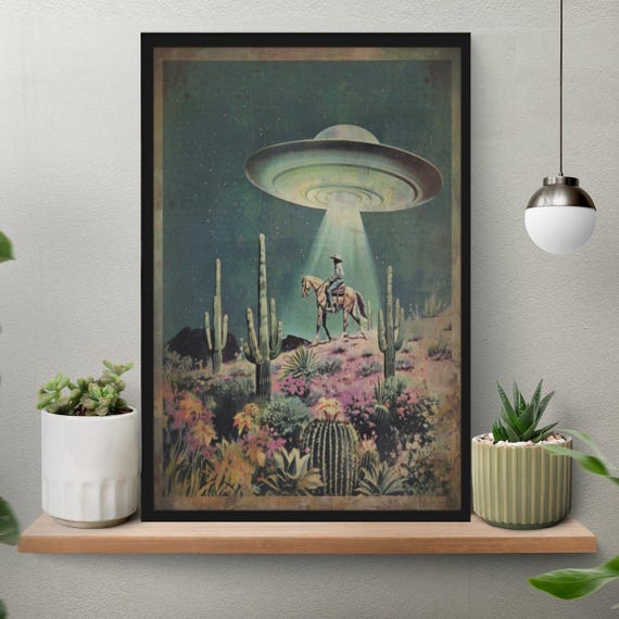Unframed UFO Cowboy Cactus Desert Poster, Western Alien Wall Art, Sci-Fi Desert Landscape Print, Modern Western Art, Spaceship Decor