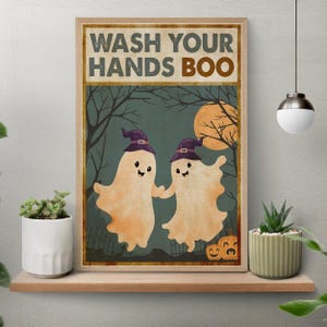 Unframed Wash Your Hands Boo Halloween Poster, Funny Couple Ghost Bathroom Wall Art Print, Whimsigoth Halloween Poster, Funny Bath Decor