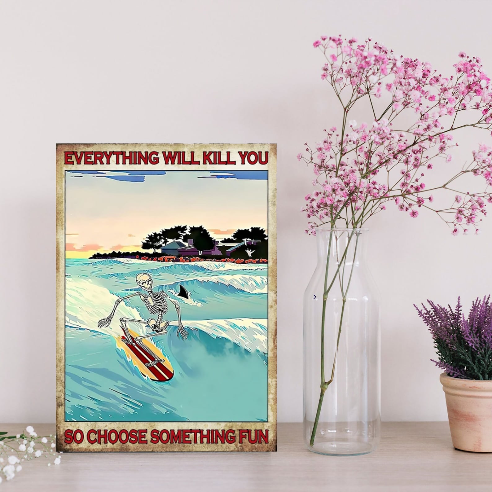 Hawaii Surfing Gifts featured by top Hawaii blog, Hawaii Travel with Kids: Choose Something Fun Surfing Skeleton Poster Surfing Poster image 0