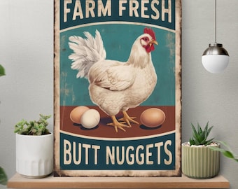 Unframed Farm Fresh Butt Nuggets Poster, Retro Funny Chicken Wall Art Print, Trendy Chicken Lover Poster,Rustic Country Rooster Illustration