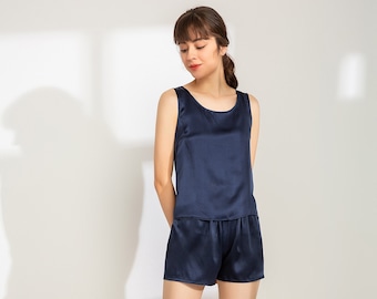 Lepton 100% Mulberry Silk Pajama set- Tank and Shorts- Soft Sleepwear Lounge Set- Sleeping Pajamas for Women - Navy Blue