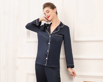 19mm 100% Women Long Sleeve Mulberry Silk Pajama Set - Navy Blue