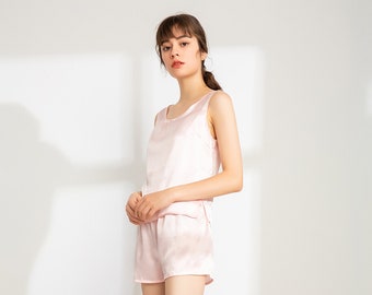 Lepton 100% Mulberry Silk Pajama set- Tank and Shorts- Soft Sleepwear Lounge Set- Sleeping Pajamas for Women - Pink