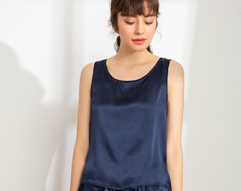 Lepton 100% Maulbeerseide Tank (nur Tank, Shorts nicht enthalten) - Weiche Nachtwäsche Tank- Loungewear, Einkaufen, Freizeit, Arbeit Tank - Marineblau