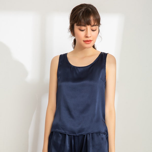 Lepton 100% Mulberry Silk Tank (Tank only, Shorts not included)  - Soft Sleepwear Tank- Loungewear, Shopping, Leisure, Work Tank - Navy Blue