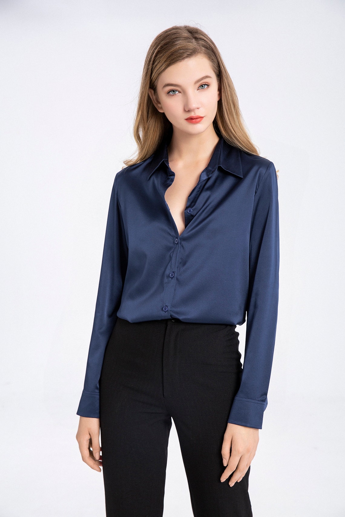 Lepton Mulberry Silk Silk Blouse Navy Blue - Etsy Denmark