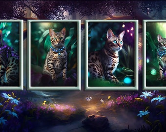 Fantasy Animals Wall Art, Digital Wall Art Prints, Trendy, For Kids, Bengal Cats, Fantasy Printable, Wall Decorations