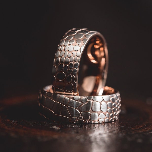 Superconductor Ring, Steel and rose gold ring, Damascus steel ring, silver and rose gold mens ring, couples rings, cool wedding ring