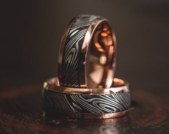 Damascus with rose gold tungsten shell Steel Ring Band 8mm Ring  Men Wedding Ring damascus steel ring Handmade Damascus Ring Engagement Ring