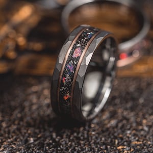 Meteorite and Galactic Opal ring, Black Hammered wedding Ring, Hammered Brushed Tungsten Band,  Mens Ring, gold meteorite ring,