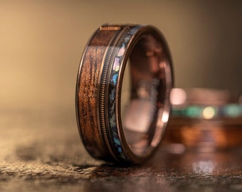 Guitar string ring with Hawaiian Koa Wood and abalone, guitar string ring, wooden wedding Ring, musician ring, guitarist ring, Koa