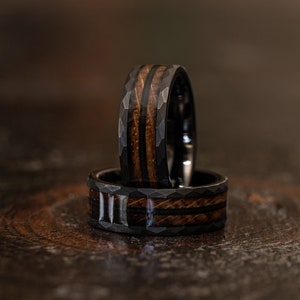 Guitar string ring, Black Hammered wedding Ring with charred whiskey barrel and Guitar string, Black wood ring, Whiskey barrel ring musician