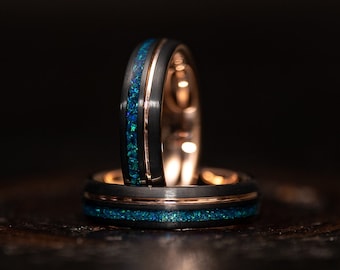 Womens Opal wedding Ring, Womens opal ring, womens black ring, womens Wedding Band, Black Ring, tungsten Ring, Wedding Band, matching rings