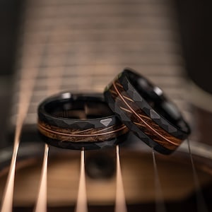 Black hammered tungsten ring with whiskey barrel and guitar string inlay, rustic wedding band, guitar string ring, mens engagement ring