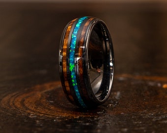 Tungsten Wedding Band whiskey barrel Wood Wedding Ring Mens Opal Tungsten Ring 8mm Mens Wedding Band Mens Wedding Rings Personalized Gift