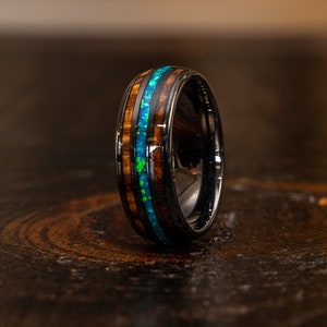 Tungsten Wedding Band whiskey barrel Wood Wedding Ring Mens Opal Tungsten Ring 8mm Mens Wedding Band Mens Wedding Rings Personalized Gift