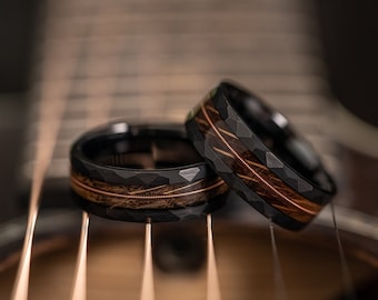 Black hammered tungsten ring with whiskey barrel and guitar string inlay, rustic wedding band, guitar string ring, mens engagement ring