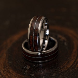 Silver Guitar string ring with Ironwood Wood, guitar string ring, rock and roll ring, wooden wedding Ring, musician ring, guitarist ring,