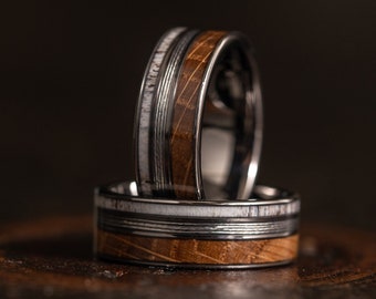 Fishing Line ring with Whisky Barrel Wood and antler, fishing line ring, wooden wedding Ring, fishing ring, gunmetal ring, Antler ring